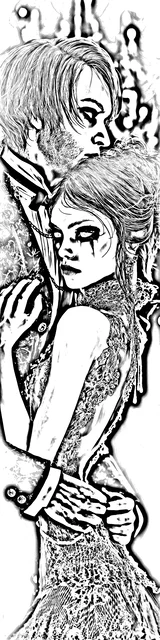 Free colorable bookmarks of a dark romance couple hugging closely